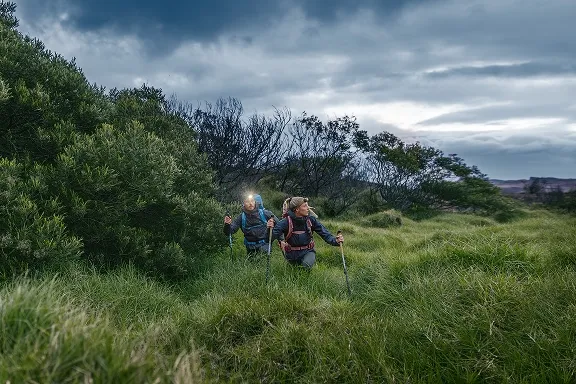 Zwei Wanderer mit Wanderrucksäcken und Stirnlampen im hohen Gras bei Dämmerung.